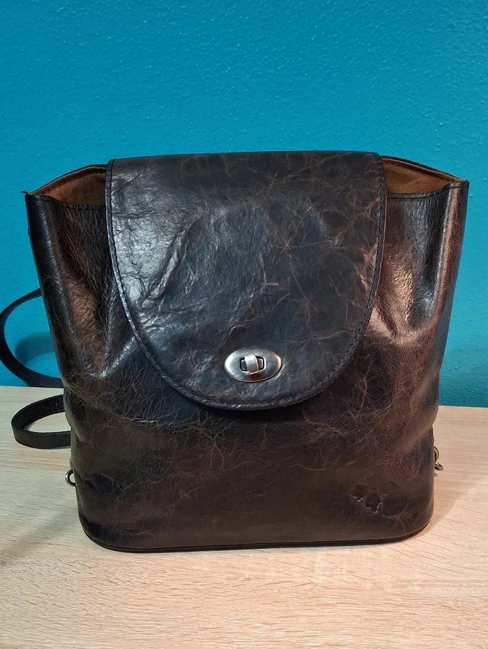 Patricia Nash Bellissimi Distressed Dark Brown Leather Turn-Lock Convertible Bag
